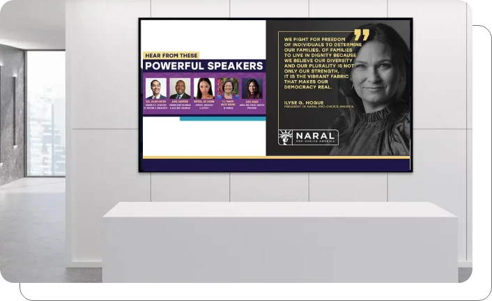 An office digital signage screen showing live conference updates An office digital signage screen showing live conference updates