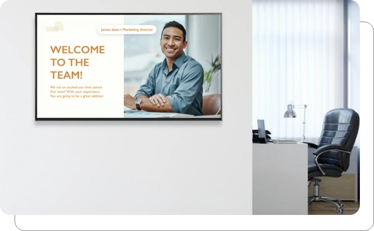 An office digital screen wth a welcome onboard message An office digital screen wth a welcome onboard message