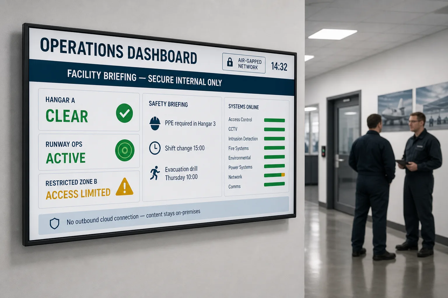Defence facility using Pickcel on-premise digital signage for operations dashboards in an air-gapped environment