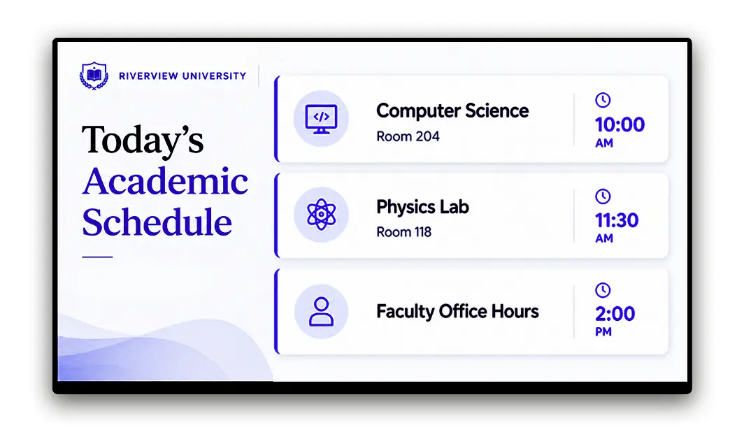 University department directory and academic schedule on digital display