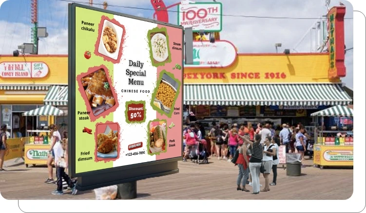 Digital menu board showing culinary options and food specials at amusement park Digital menu board showing culinary options and food specials at amusement park