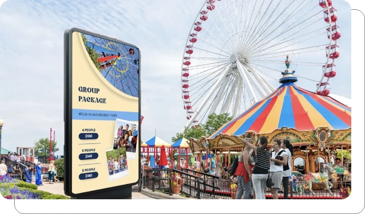 Digital screen showing upselling deals and special offers at amusement park Digital screen showing upselling deals and special offers at amusement park