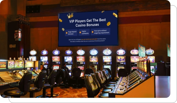 Digital screen showing exclusive player benefits and loyalty programs at casino Digital screen showing exclusive player benefits and loyalty programs at casino
