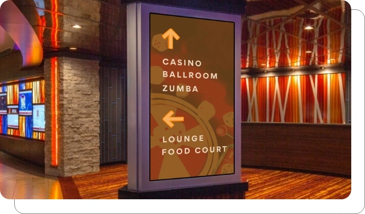 Digital screen showing wayfinding and e-maps for casino navigation Digital screen showing wayfinding and e-maps for casino navigation