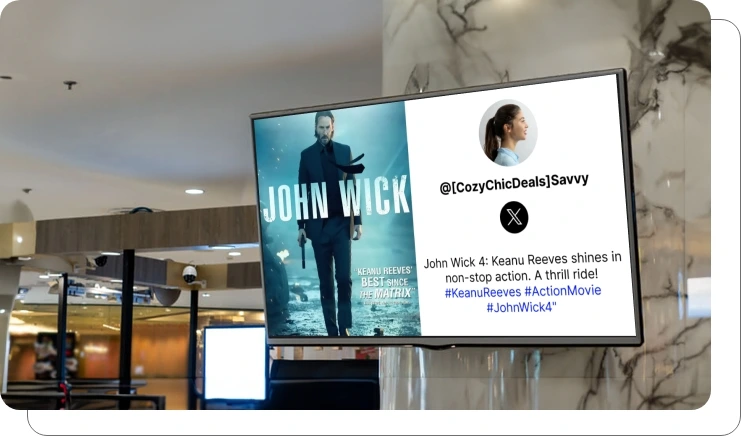 Digital screen showing live social media updates and movie reviews at cinema Digital screen showing live social media updates and movie reviews at cinema