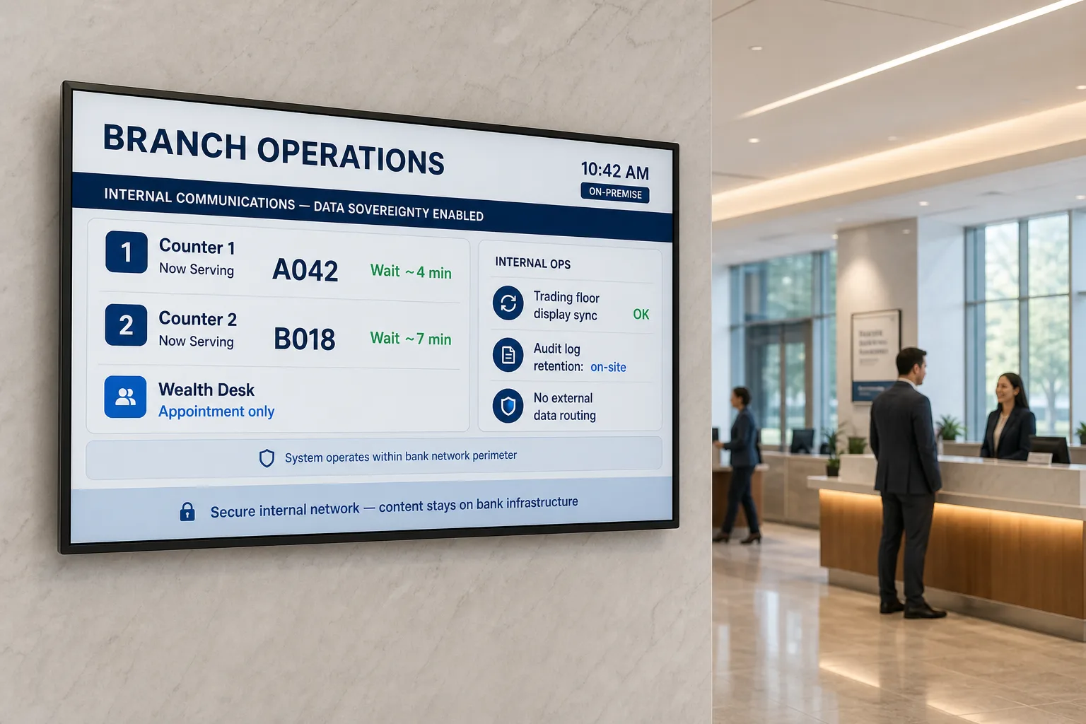 Bank branch using Pickcel on-premise digital signage for internal operations and data sovereignty