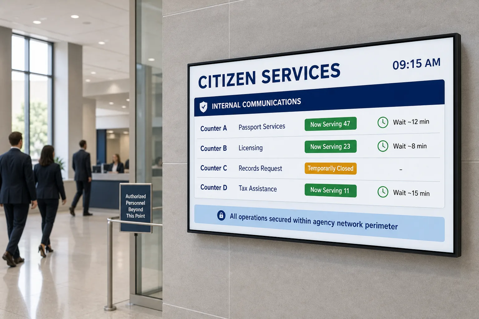 Government agency using Pickcel on-premise digital signage for internal communications in a restricted building