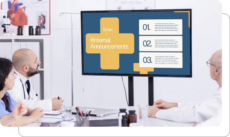 An office digital signage screen showing staff communication An office digital signage screen showing staff communication