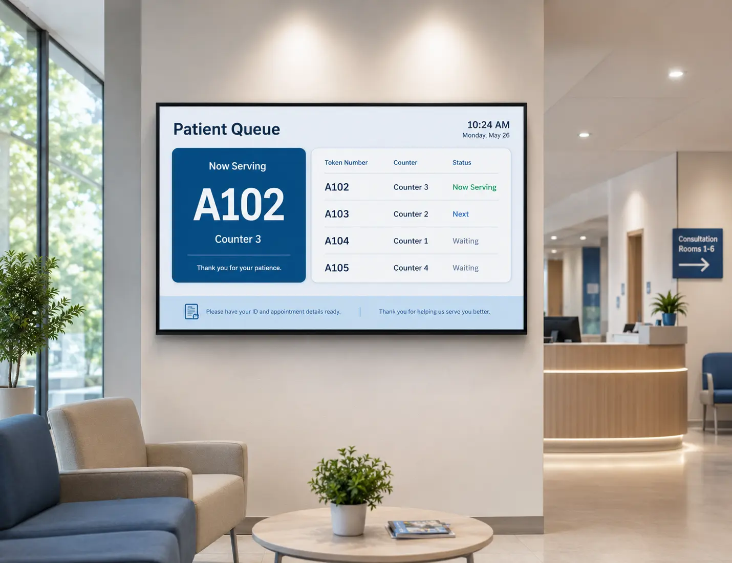 Hospital waiting room with Pickcel digital signage displaying health education and queue status on wall-mounted screens Hospital waiting room with Pickcel digital signage displaying health education and queue status on wall-mounted screens