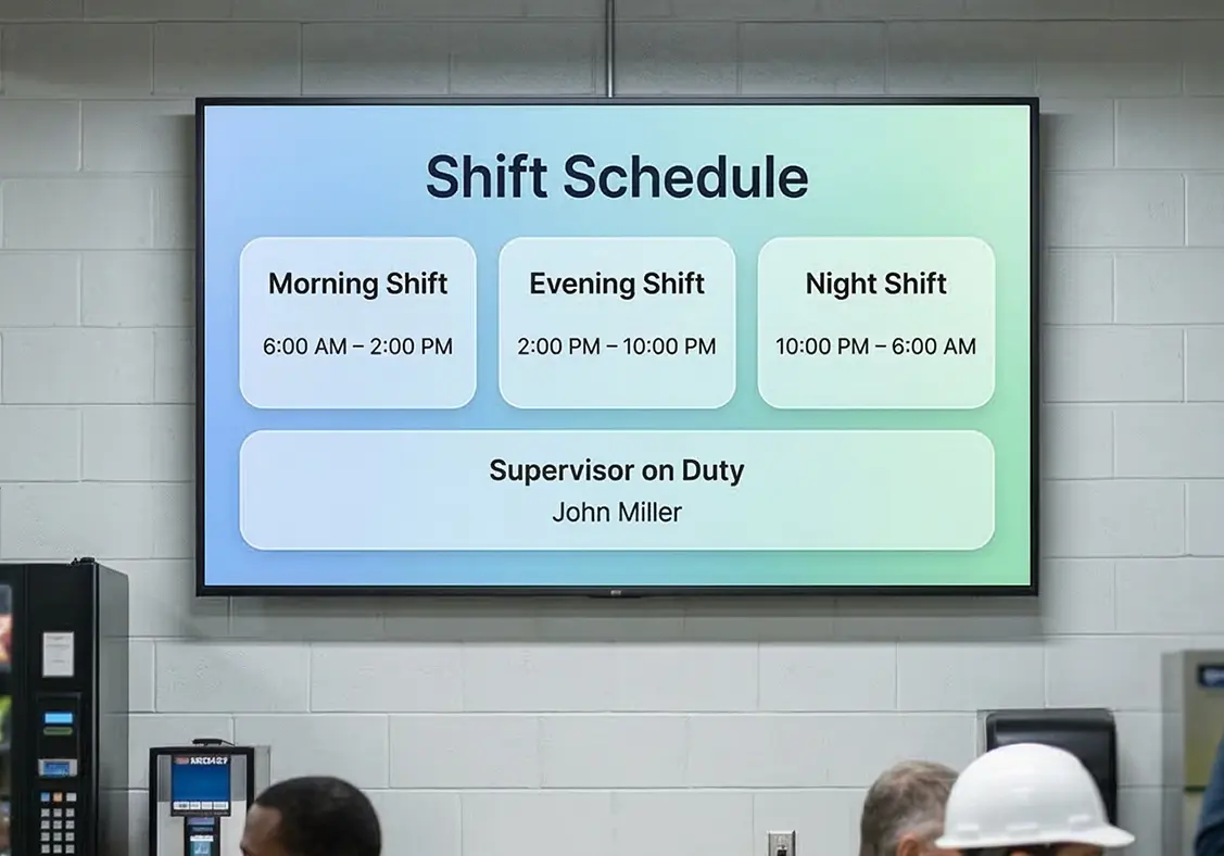 Shift schedule and roster display at a manufacturing shift-change point