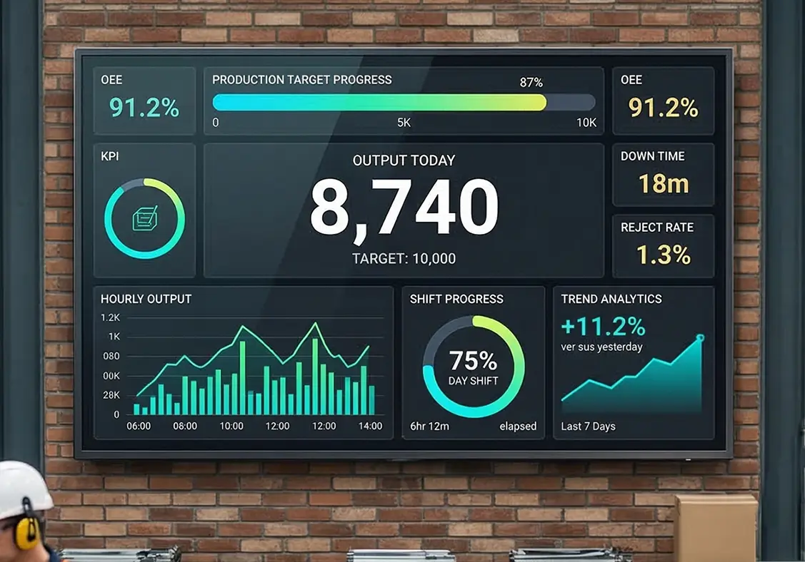 Manufacturing KPI display screen showing live OEE and production targets with Pickcel digital signage