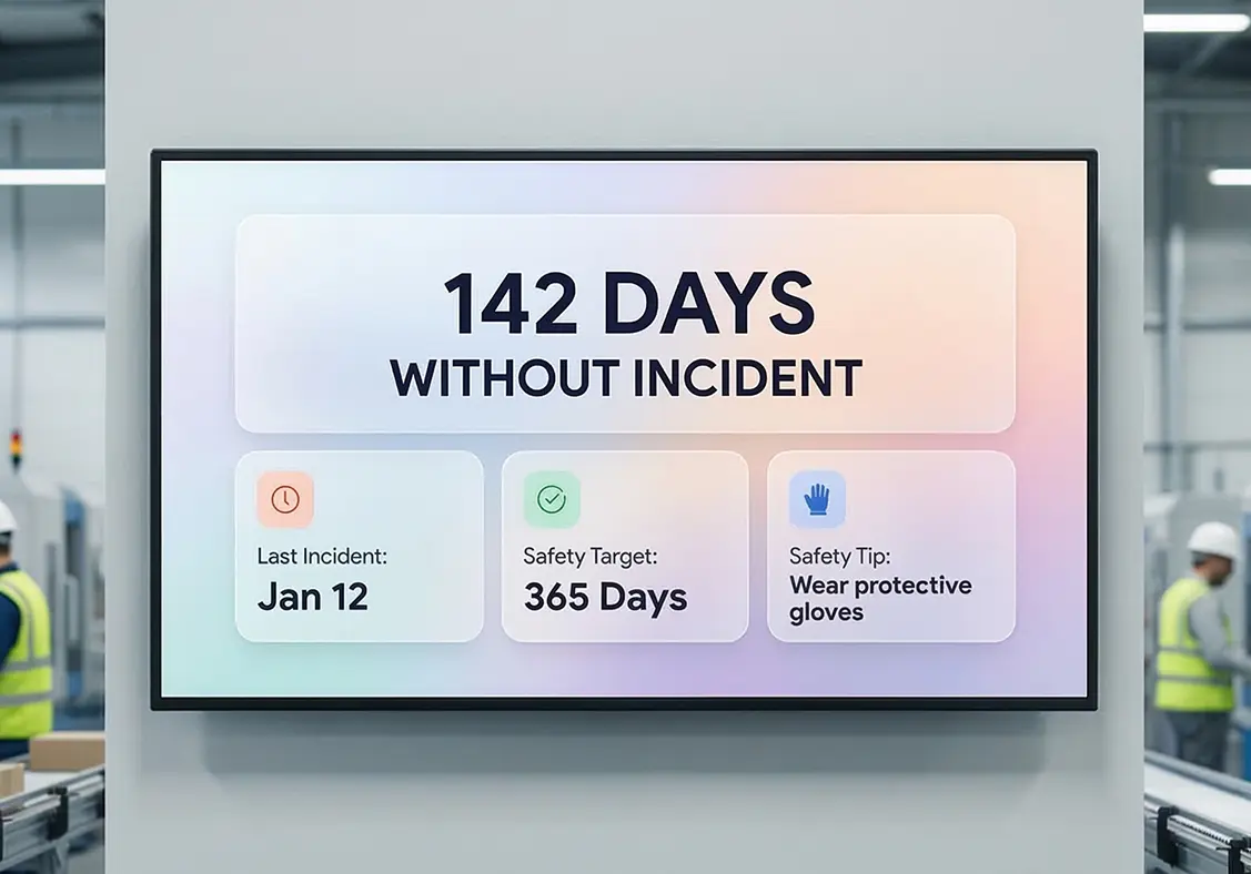 Manufacturing safety alert broadcast displayed on factory floor screens