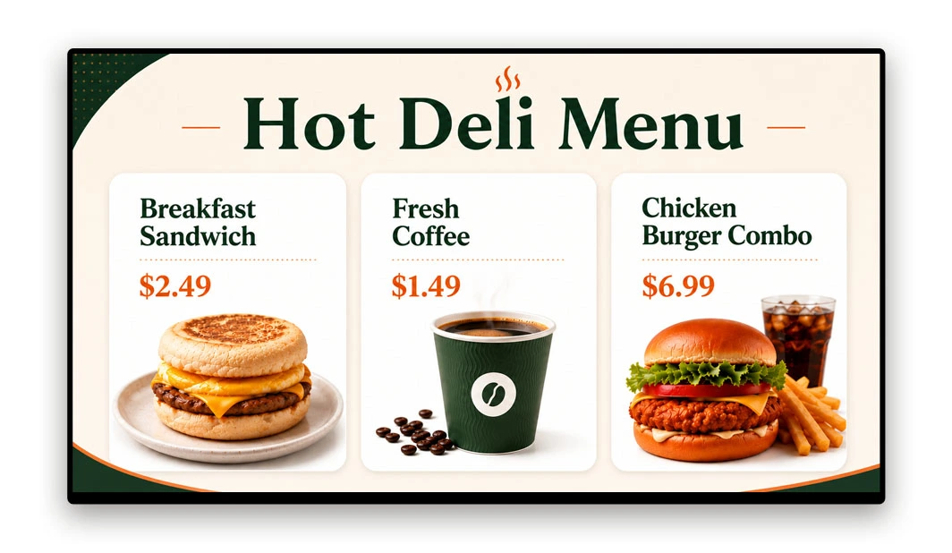 Digital menu board for prepared food and hot deli in a convenience store