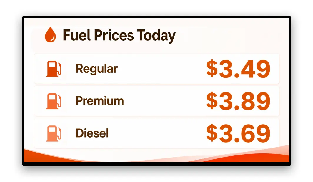 Convenience store digital signage displaying fuel prices and forecourt promotions