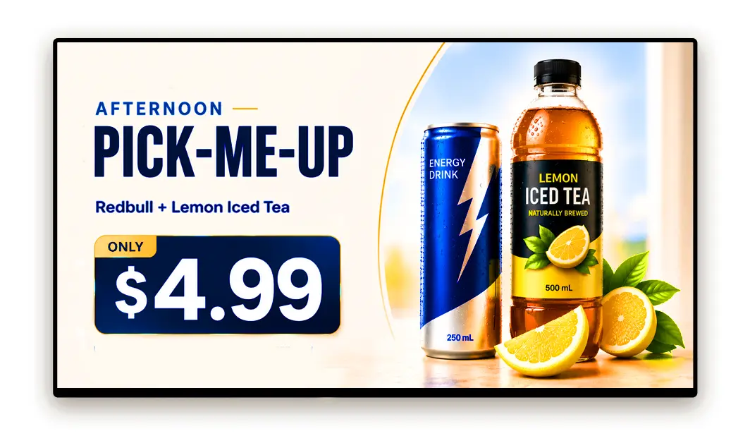 Limited-time beverage and snack promotion on convenience store digital signage