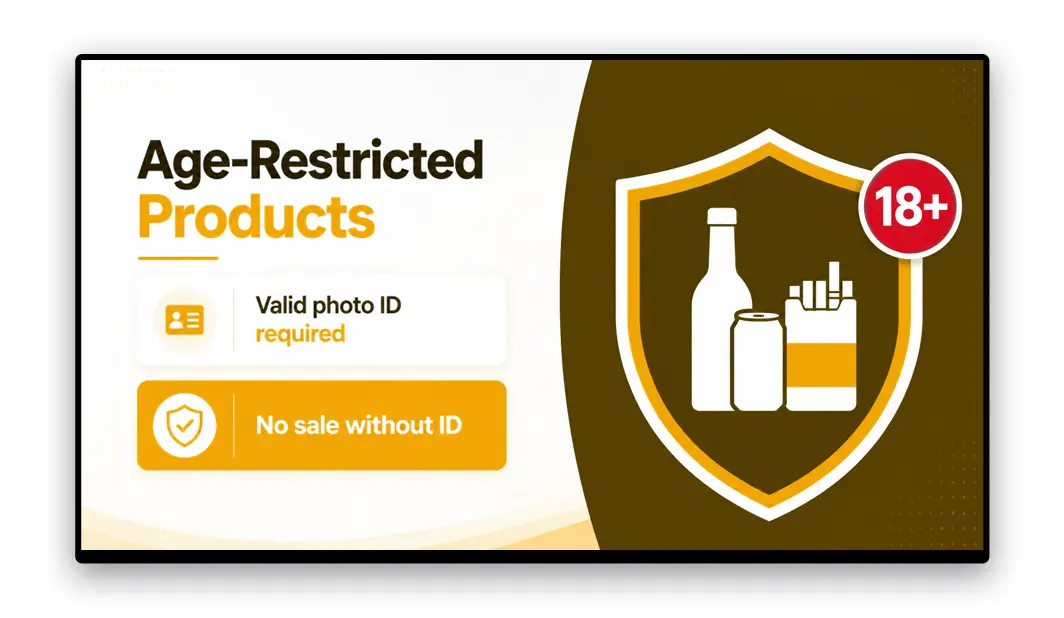 Compliance notice on a convenience store digital screen near restricted products