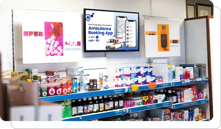 Digital signage displaying emergency alerts and evacuation plans in pharmacy stores Digital signage displaying emergency alerts and evacuation plans in pharmacy stores