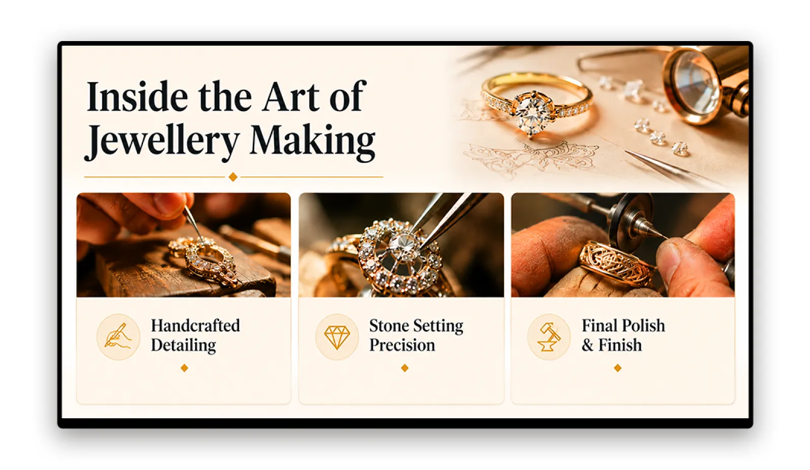 Visual merchandising screen showing jewellery craftsmanship and product detail close-ups in-store