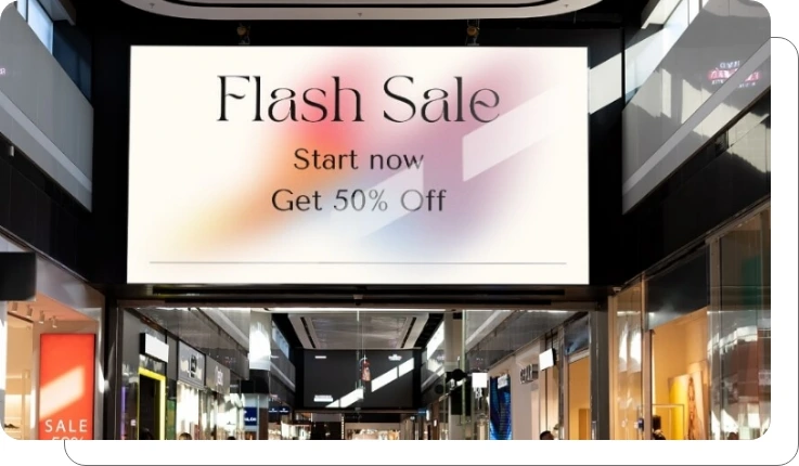 Shopping mall digital signage displaying real-time promotions and flash sales Shopping mall digital signage displaying real-time promotions and flash sales