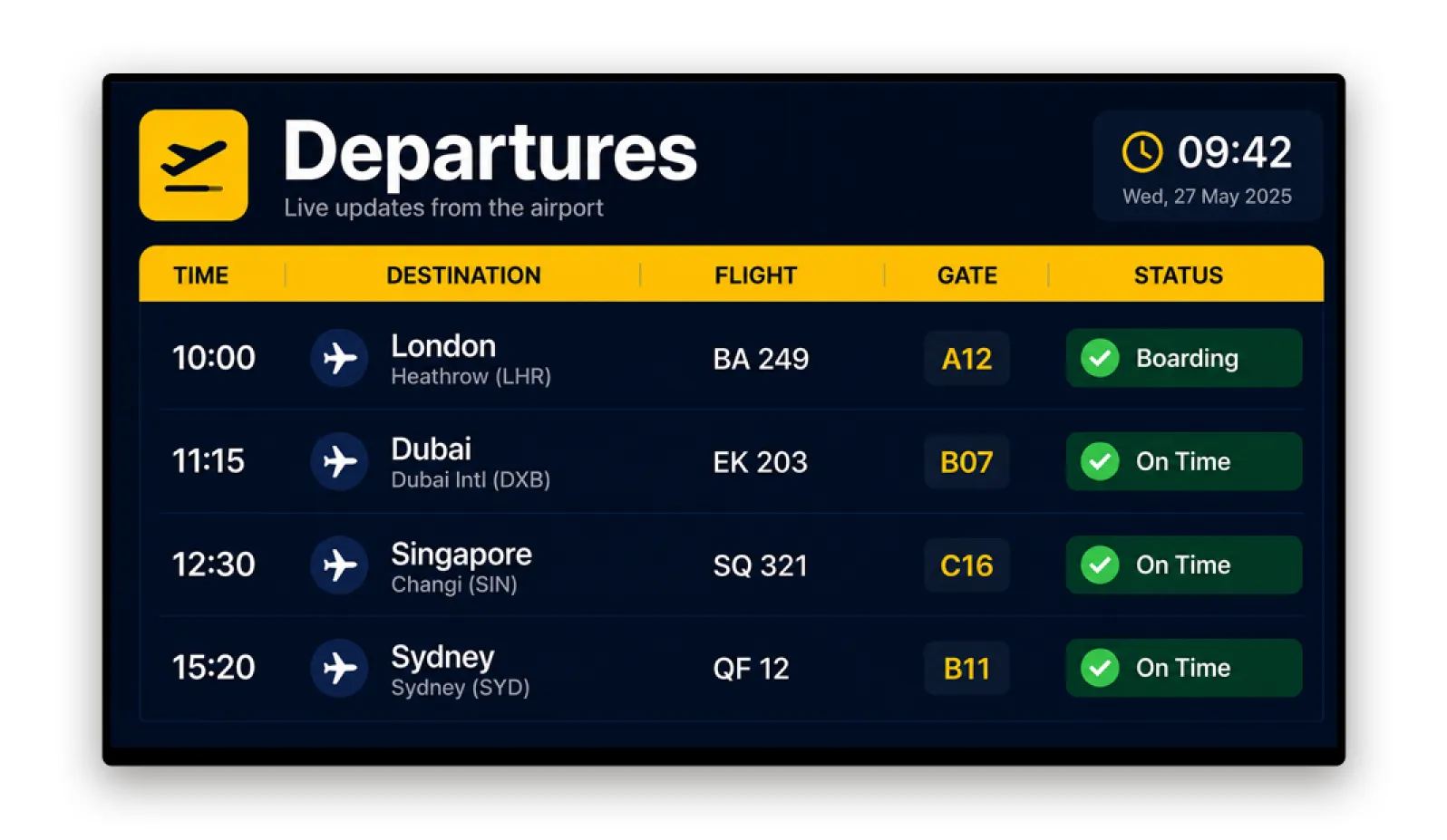 Airport terminal FIDS display powered by Pickcel showing live flight departure and arrival information