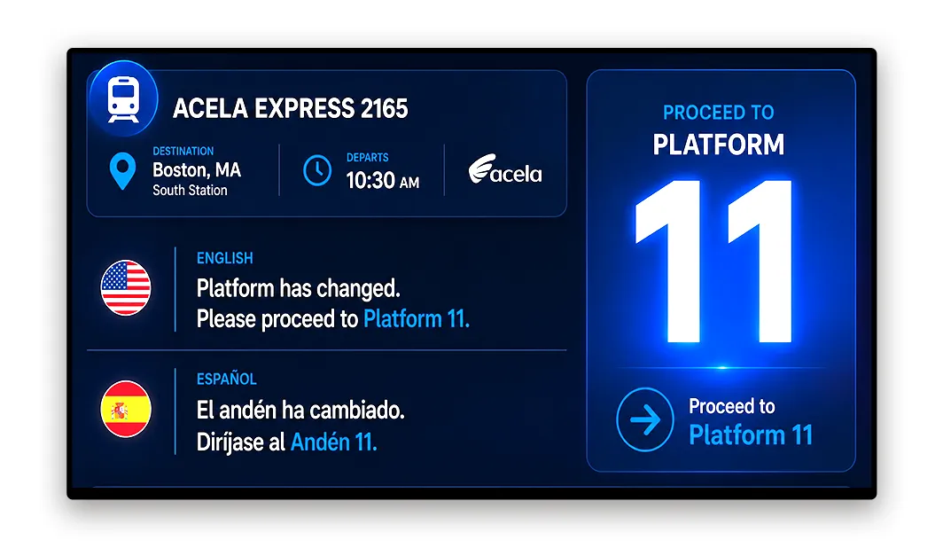 Multi-lingual accessible train station digital signage