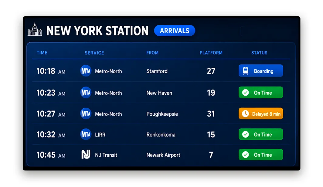 Train station digital signage displaying real-time departure schedules