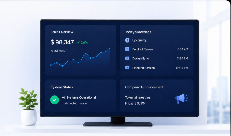 Enterprise systems connecting through Pickcel to workplace screens and employee devices Enterprise systems connecting through Pickcel to workplace screens and employee devices
