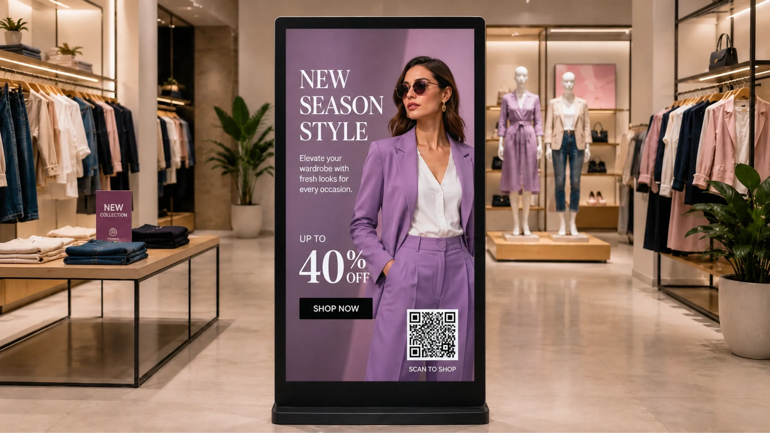 Advertising kiosk in a retail space showing interactive promotional content
