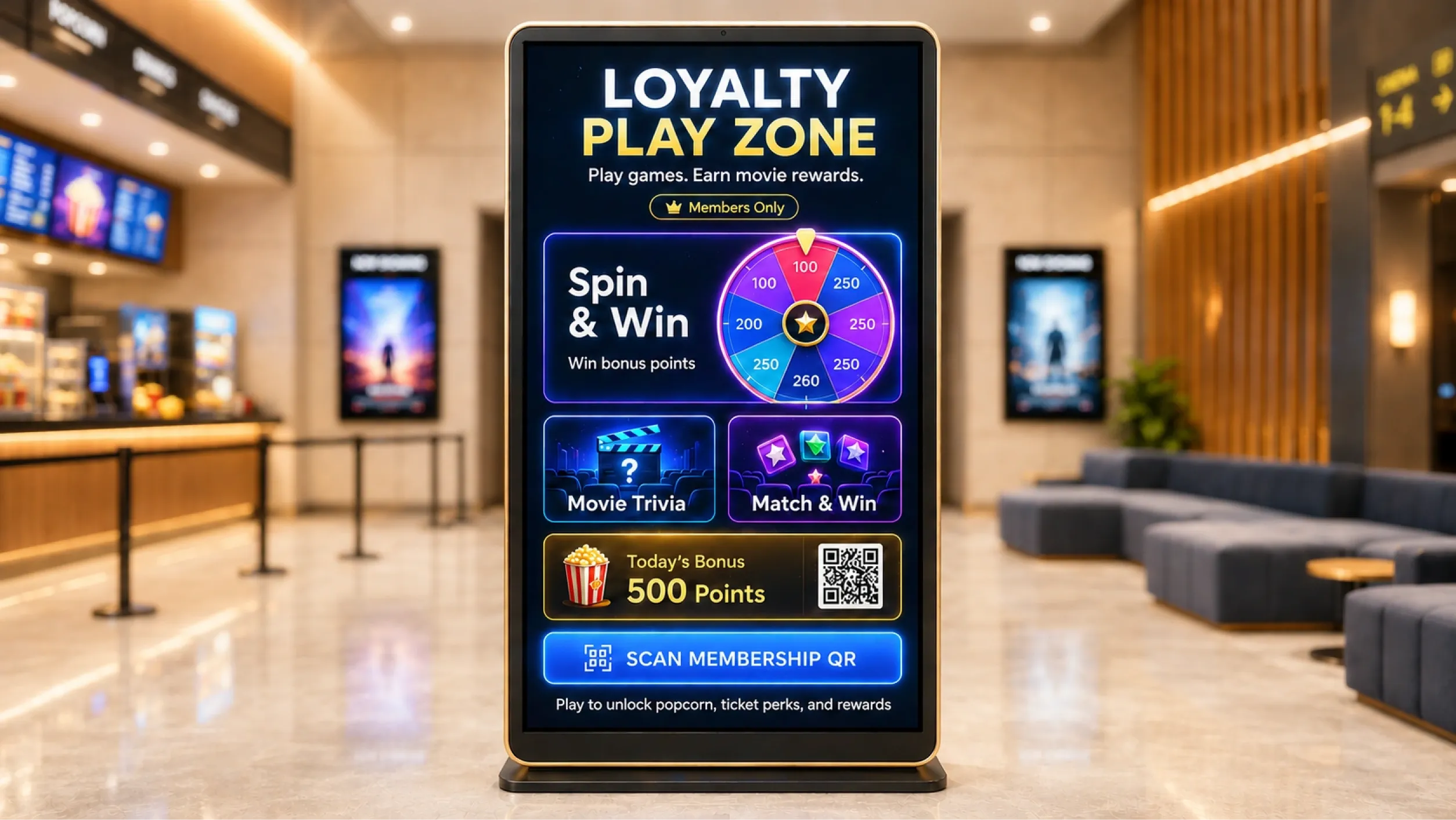 Gaming kiosk in a cinema or entertainment venue for loyalty programme and brand activation