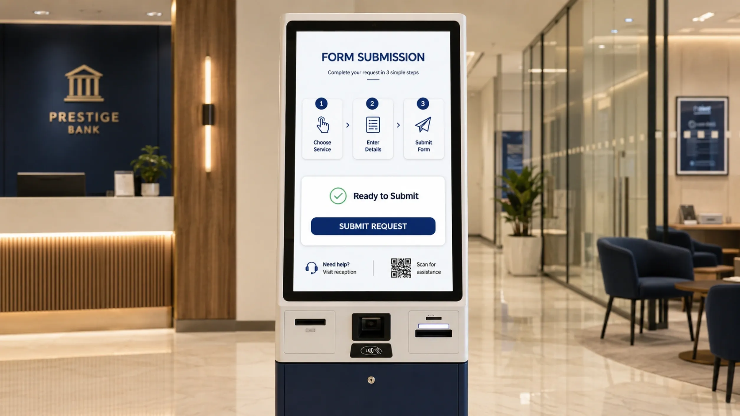 Self-service kiosk in a government office for form submission and queue management
