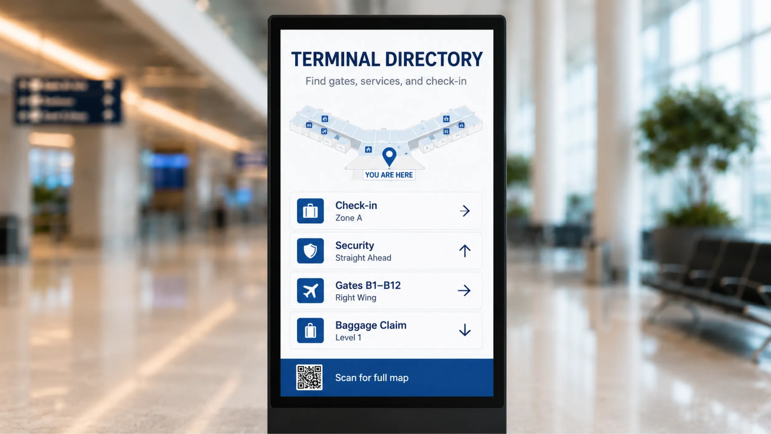 Wayfinding kiosk in a hospital corridor showing interactive floor plan and point-to-point navigation