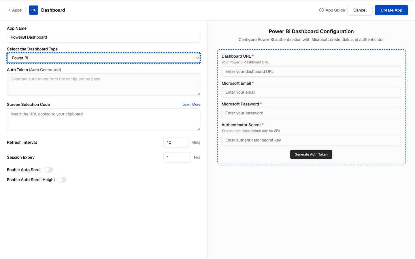 Dashboard app creation page with Power Bi selected in the dropdown and the configuration panel open on the right