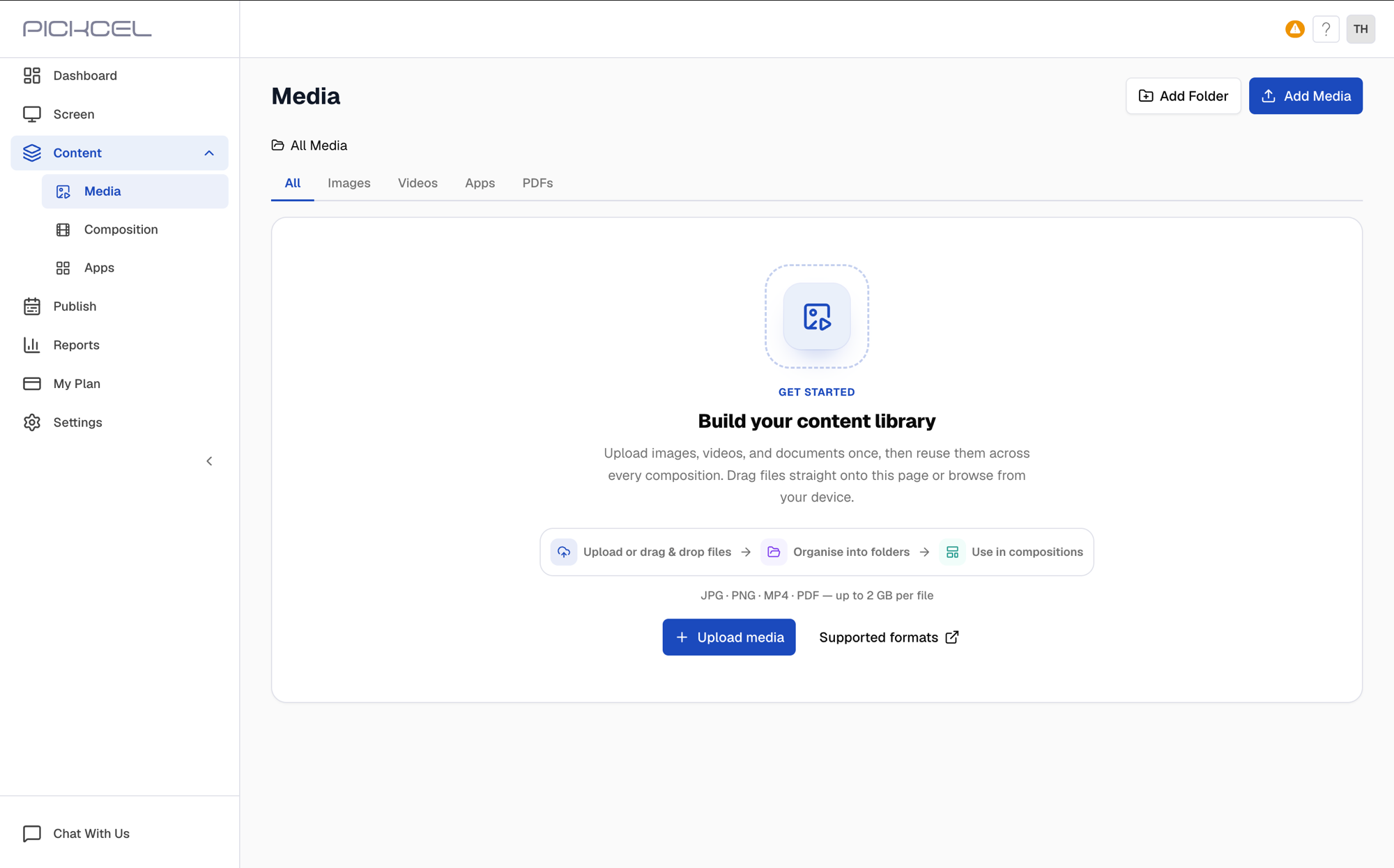 Media library page in the Pickcel console with the Add Media button in the top-right