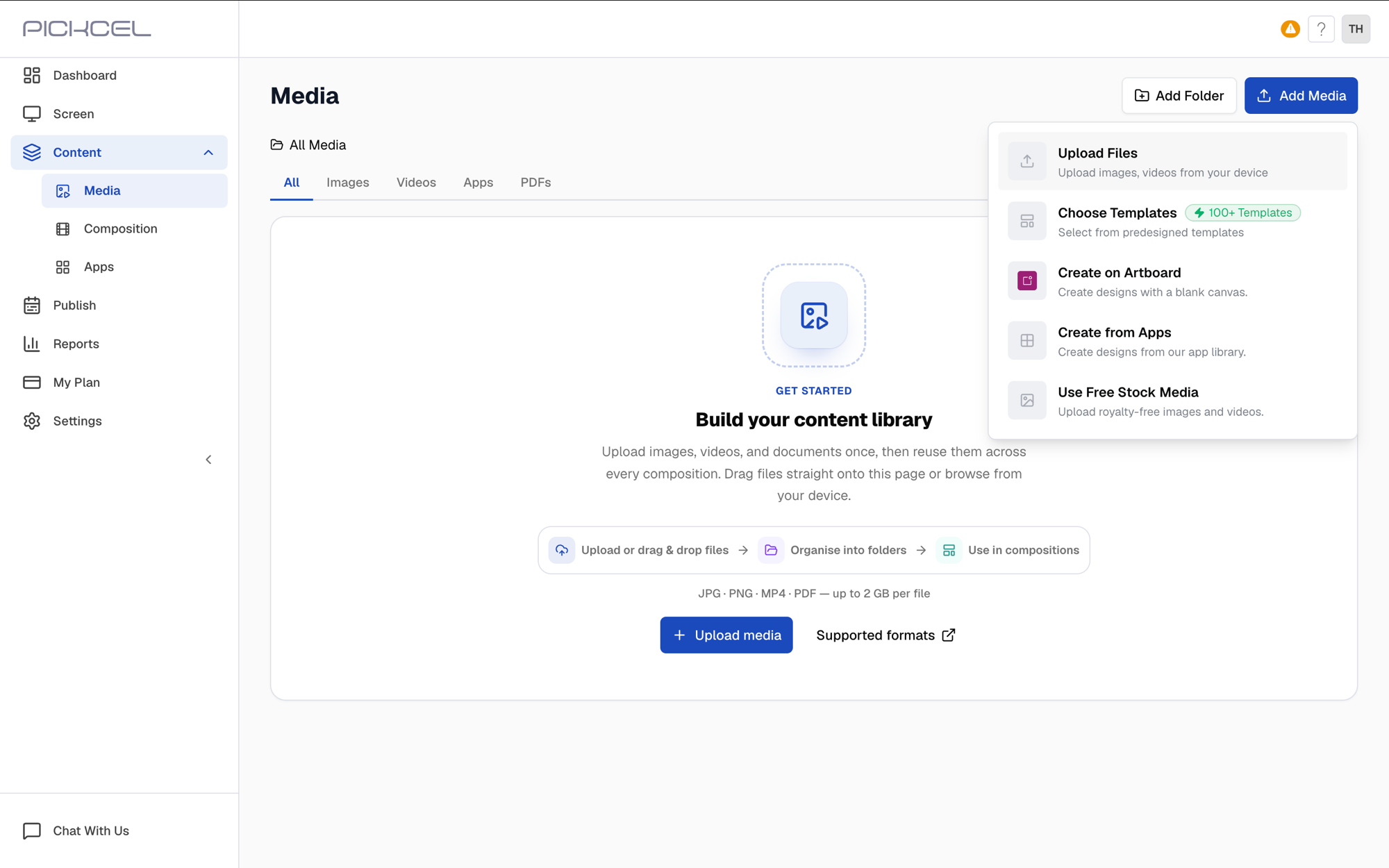 Add Media menu showing Upload Files, Choose Templates, Create on Artboard, Create from Apps, and Use Free Stock Media options
