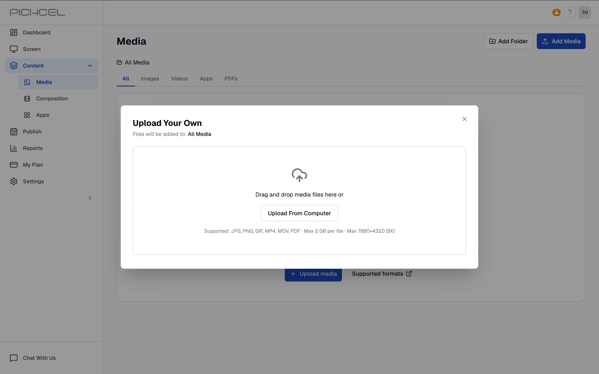 Upload Your Own window with the Upload From Computer button and a drag-and-drop area