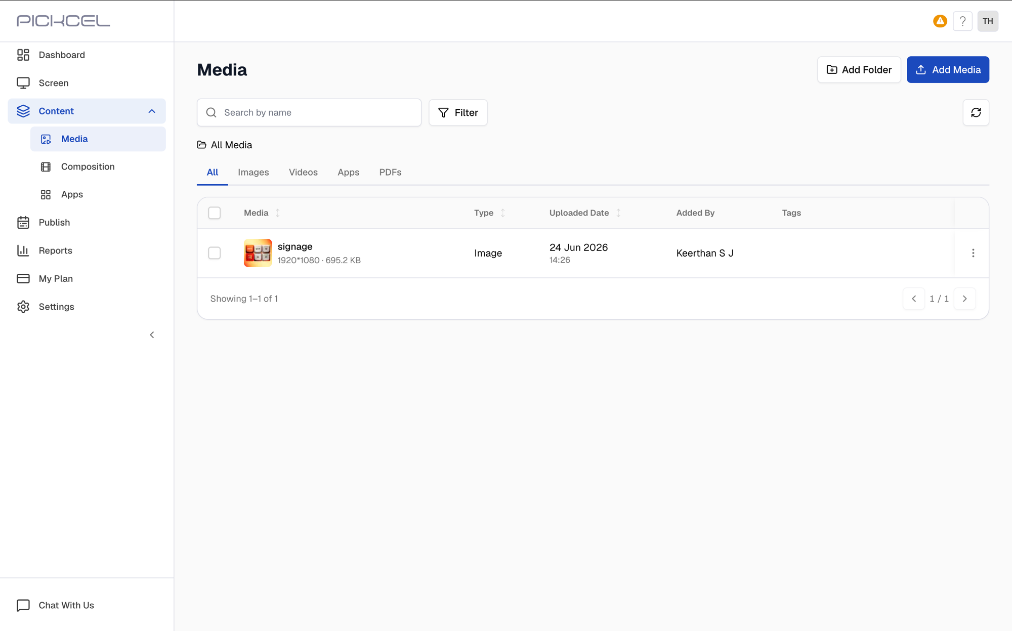 All Media list showing the newly uploaded file with its type, dimensions, and upload date