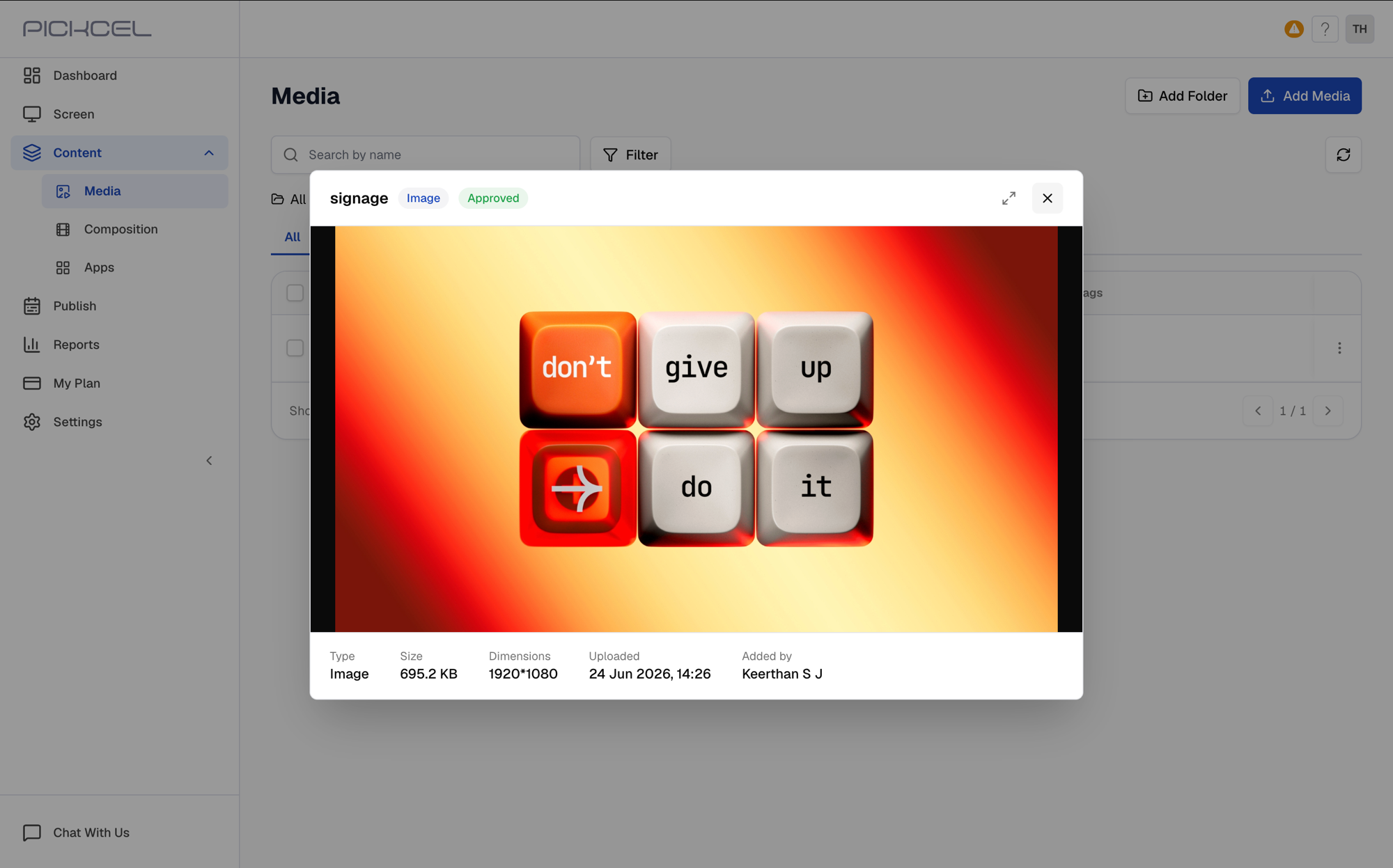 Media preview showing the uploaded image with its details and an Approved status badge