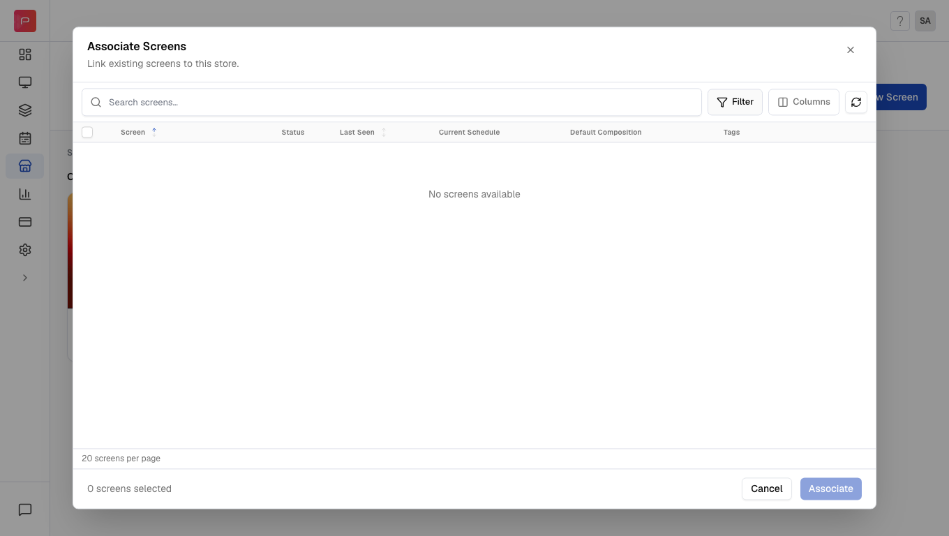 Associate Screen button in Pickcel store details to link existing screens to the store location