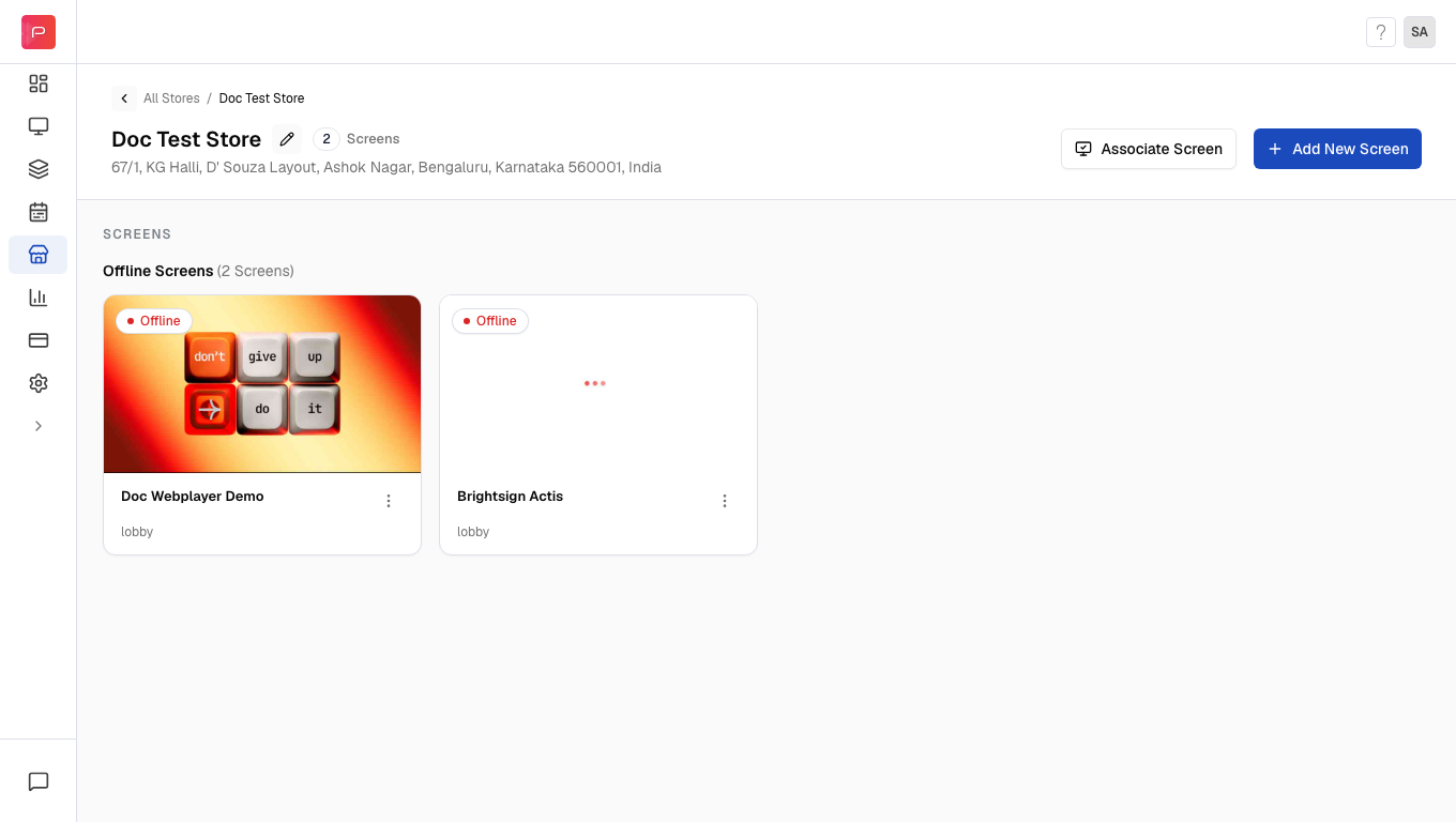 Preview of successfully associated screens displayed in Pickcel store showing screen names and status
