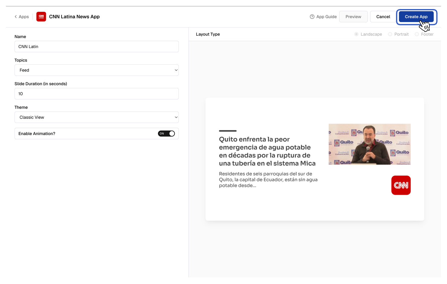 Enable animation, choose layout, and click Create App