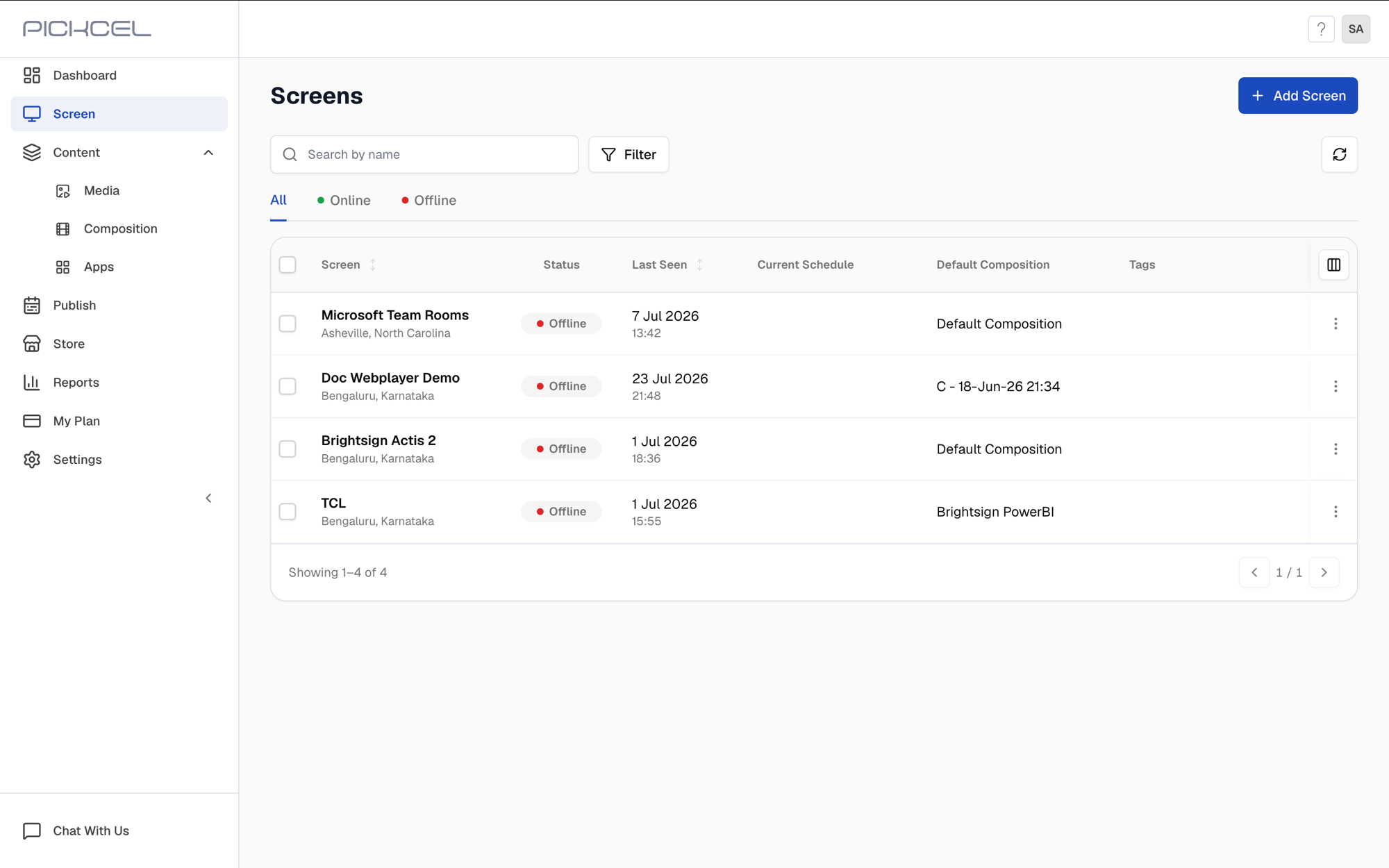 Pickcel Screens list showing all registered screens with their status