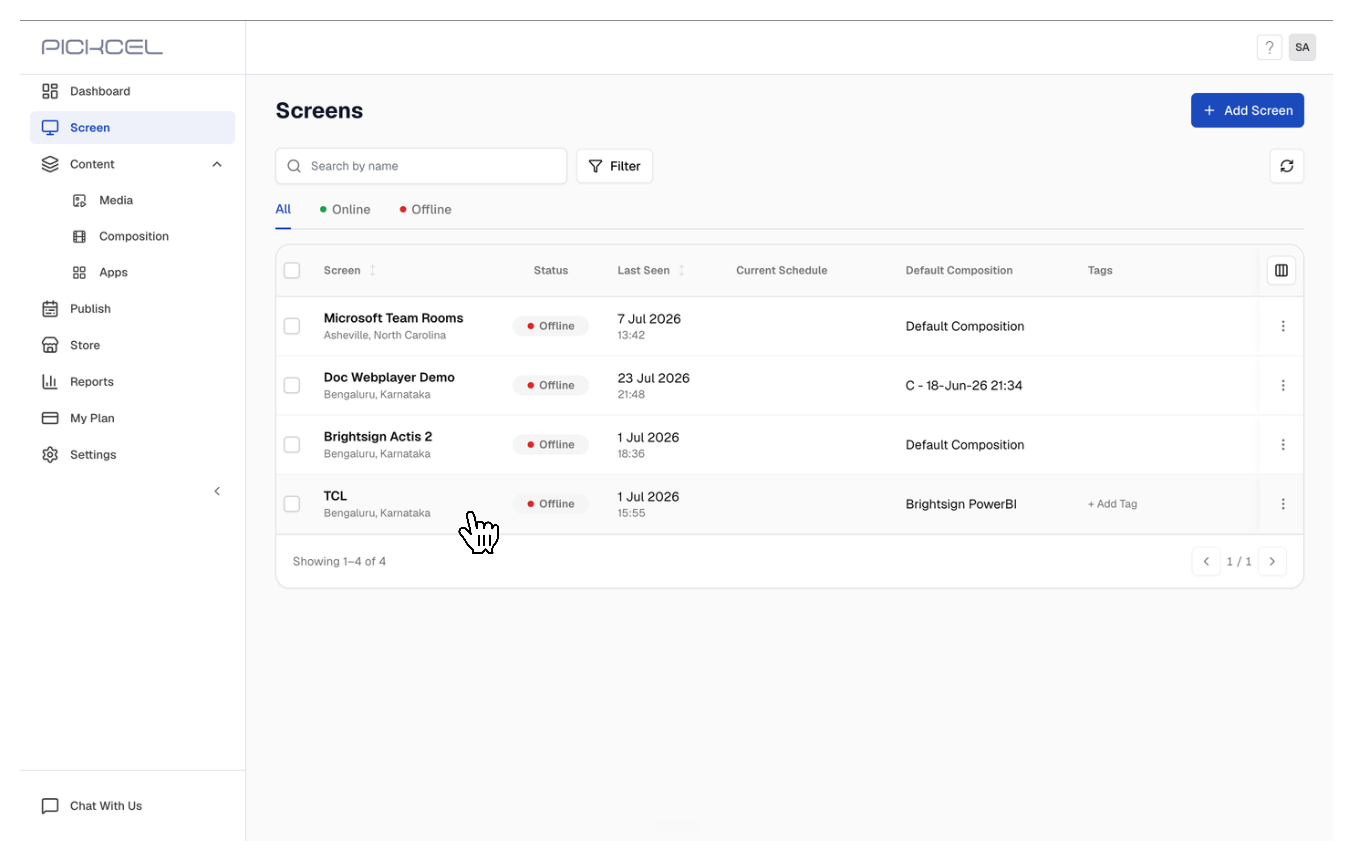Screens list with a screen name highlighted before clicking to open its details