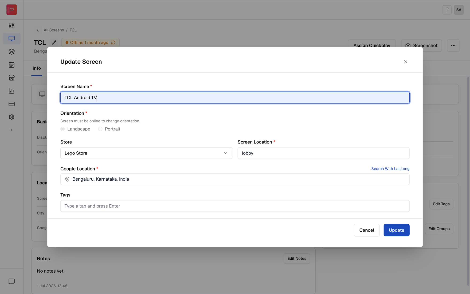 Update Screen dialog with the Screen Name field being edited