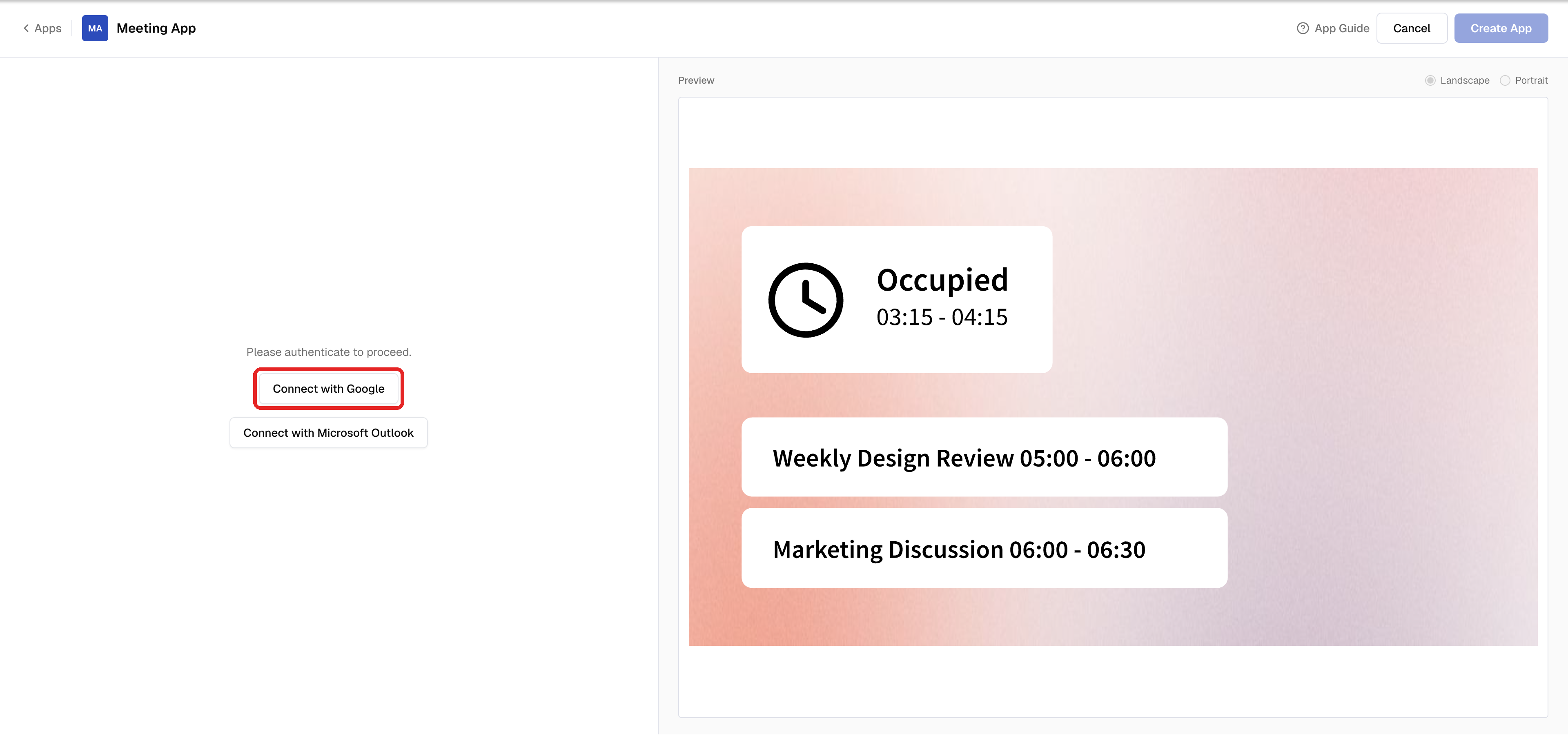 Meeting App screen asking you to authenticate, with the Connect with Google button
