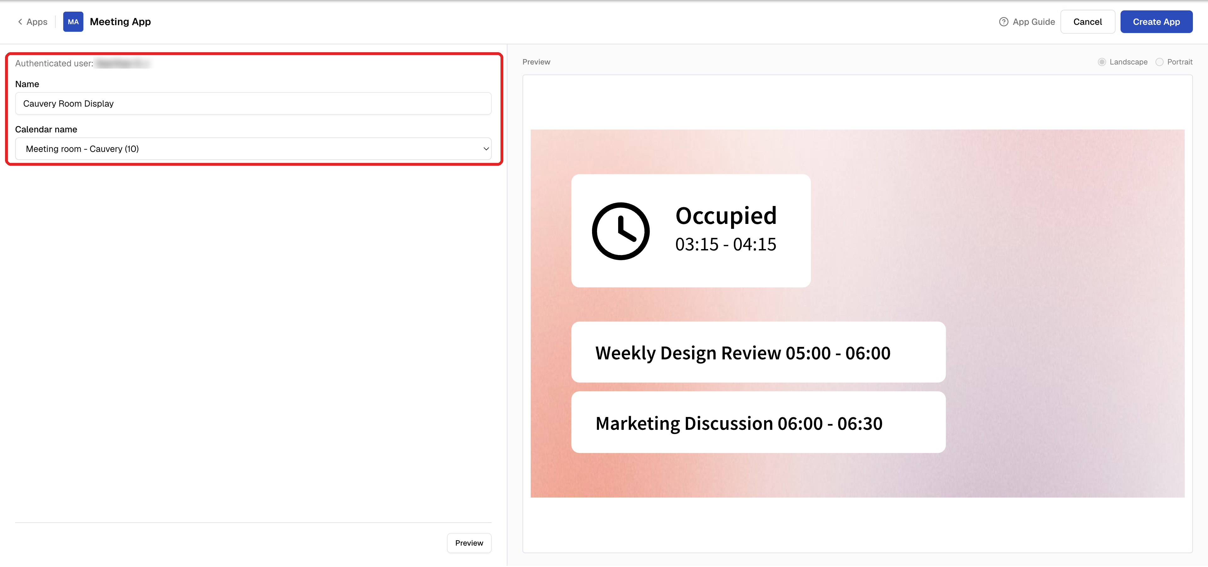 Meetings Calendar settings showing the authenticated user, Name, and Calendar name set to a meeting room
