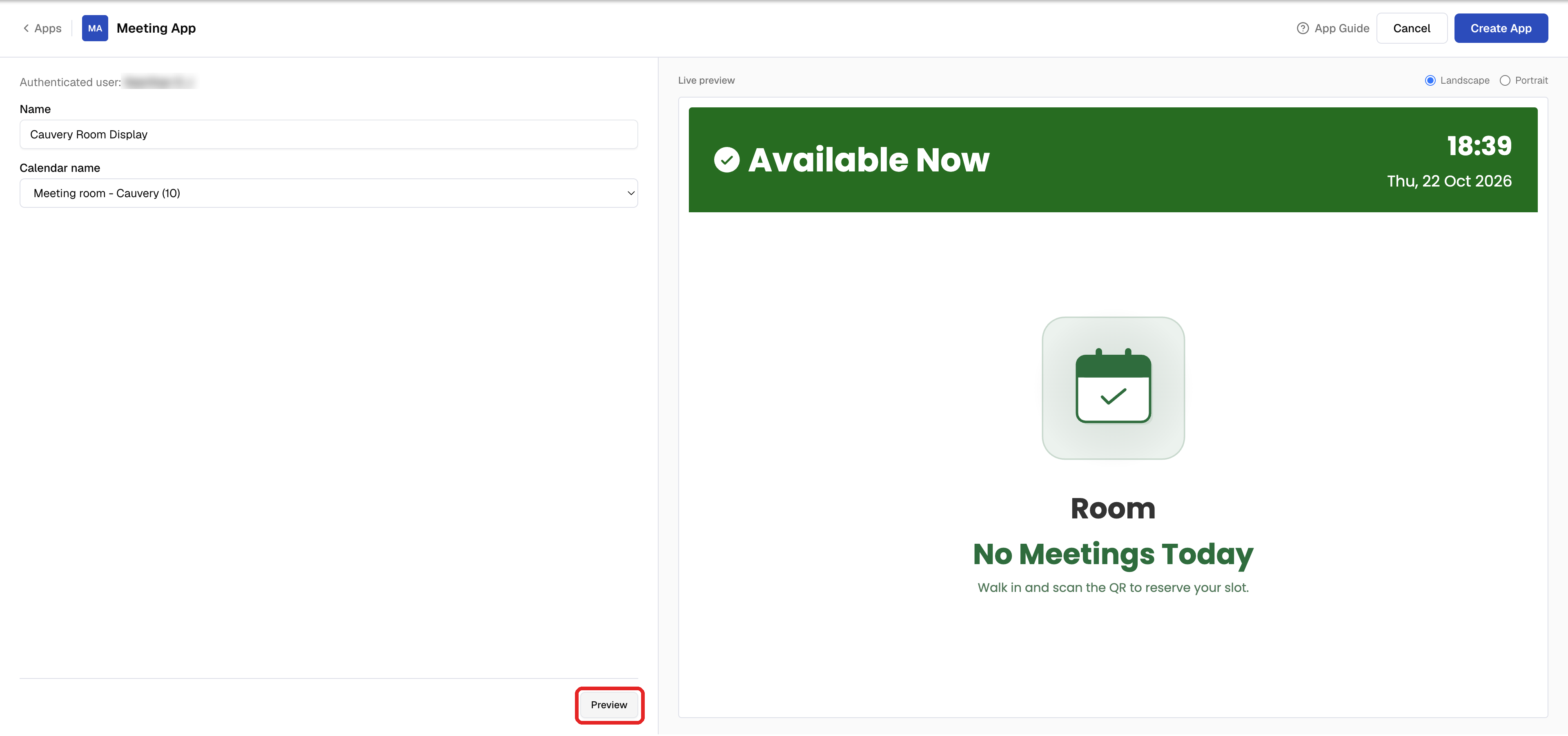 Meetings Calendar Live preview showing Available Now and No Meetings Today with the Preview button highlighted
