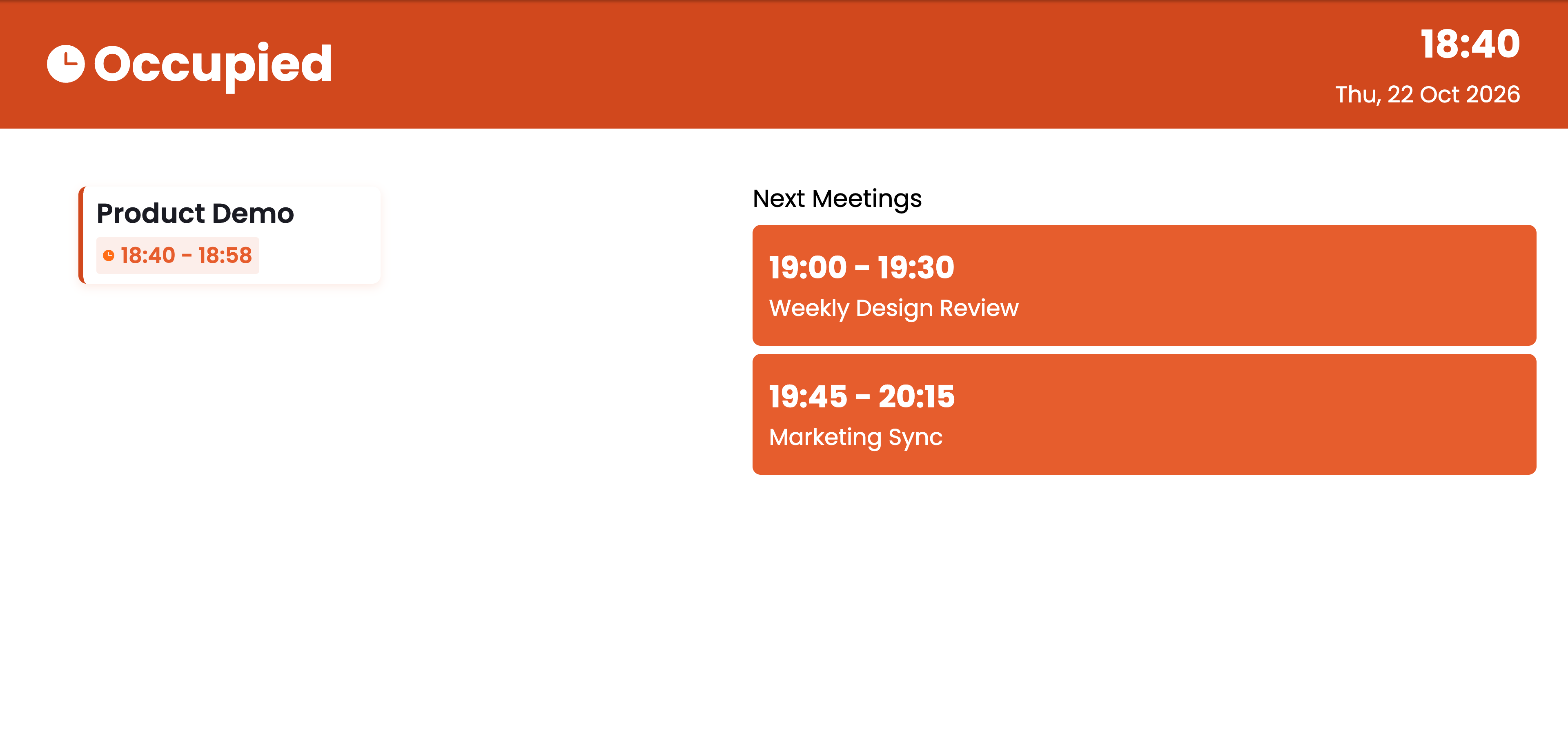 Meetings Calendar showing Occupied with the current meeting and two meetings under Next Meetings
