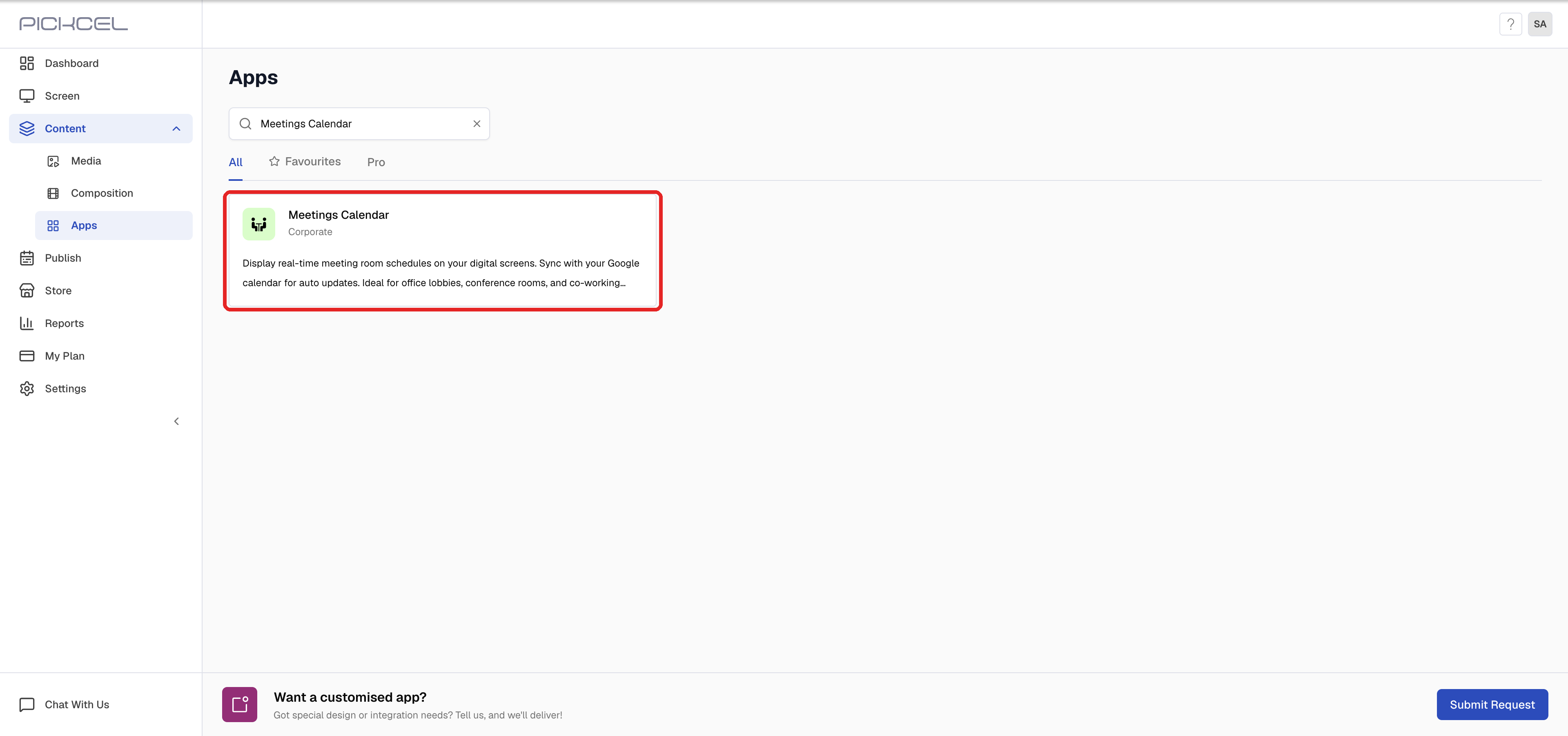 Pickcel Apps page with Meetings Calendar typed in the search box and the Meetings Calendar app in the results