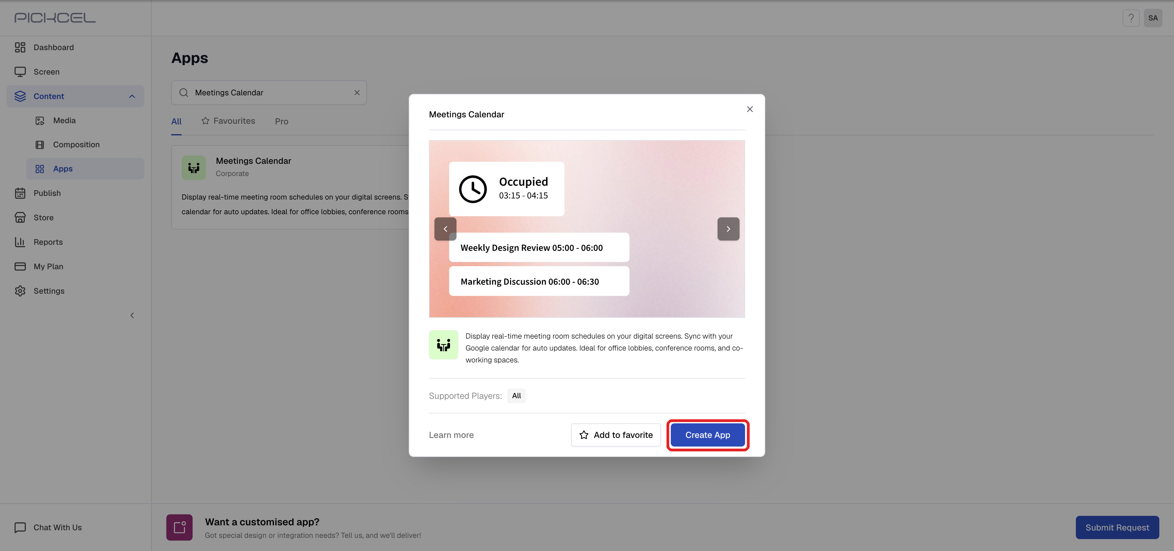 Meetings Calendar app details dialog with the Create App button