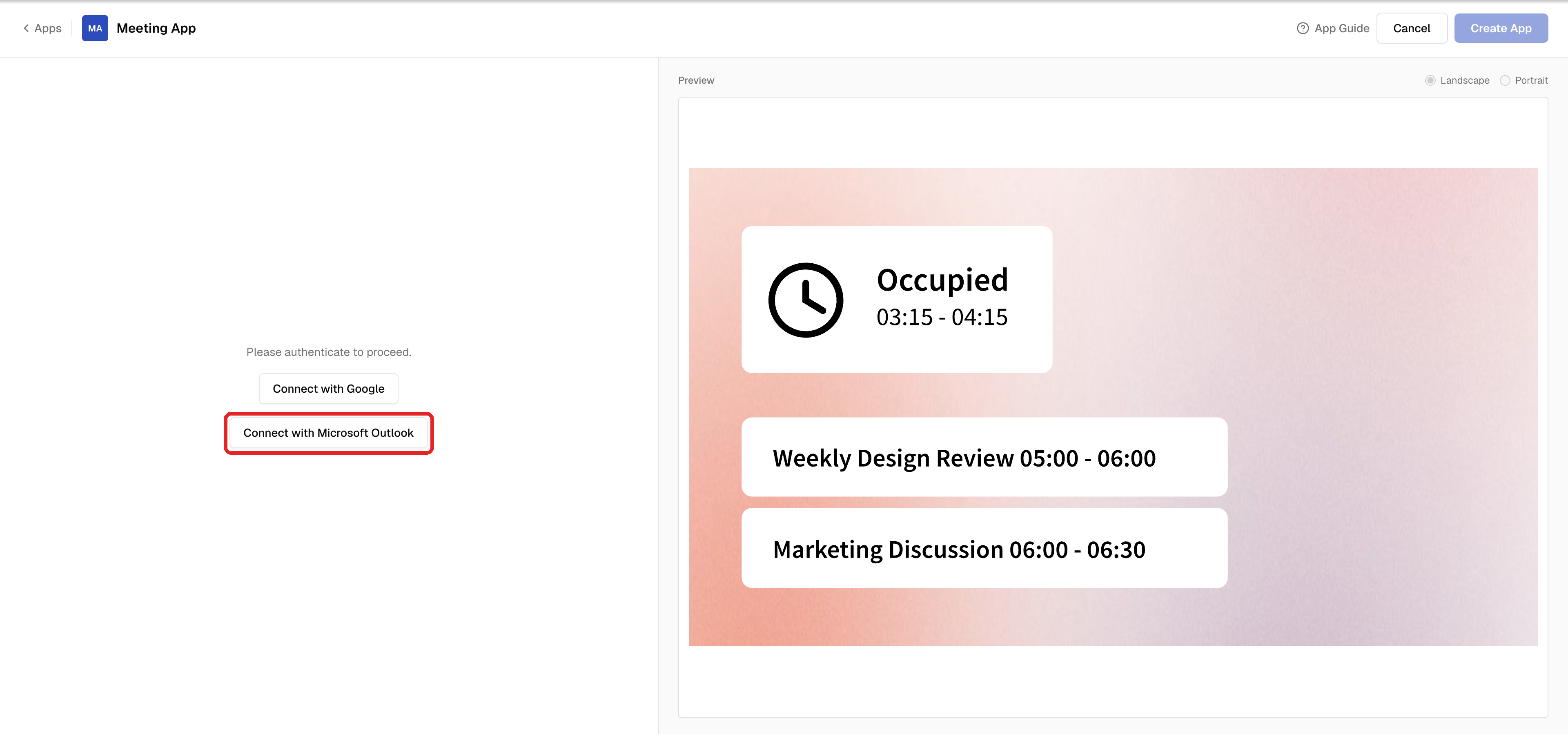 Meeting App screen asking you to authenticate, with Connect with Google and Connect with Microsoft Outlook buttons